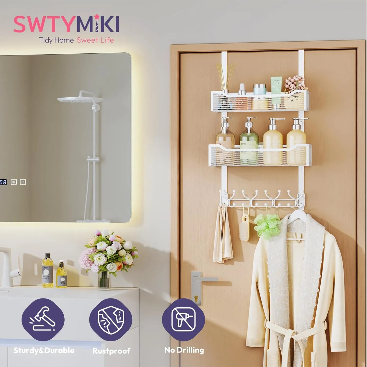 SWTYMIKI Heavy Duty Over The Door Organizer with 16 Hooks & 2 Mesh Baskets - Over The Door Hooks Hanger for Towels, Coats, Clothes - Space Saving Hanging Rack for Bathroom, Living Room, White