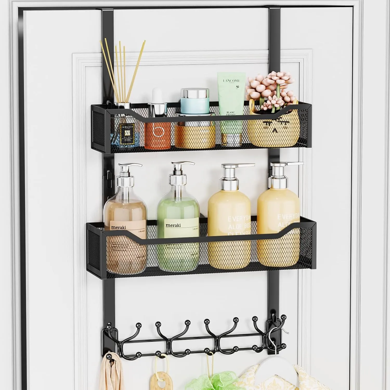 SWTYMIKI Over The Door Hooks Organizer - Multi-Functional Door Hanger with 16 Hooks & 2 Mesh Baskets, Long Coat Rack for Bathroom, Bedroom, Living Room, Home Storage Organizer, Black