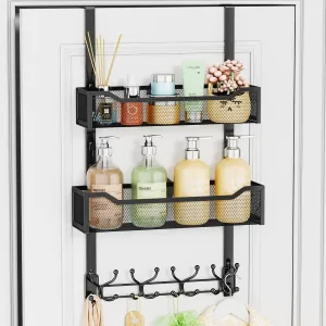 SWTYMIKI Over The Door Hooks Organizer - Multi-Functional Door Hanger with 16 Hooks & 2 Mesh Baskets, Long Coat Rack for Bathroom, Bedroom, Living Room, Home Storage Organizer, Black