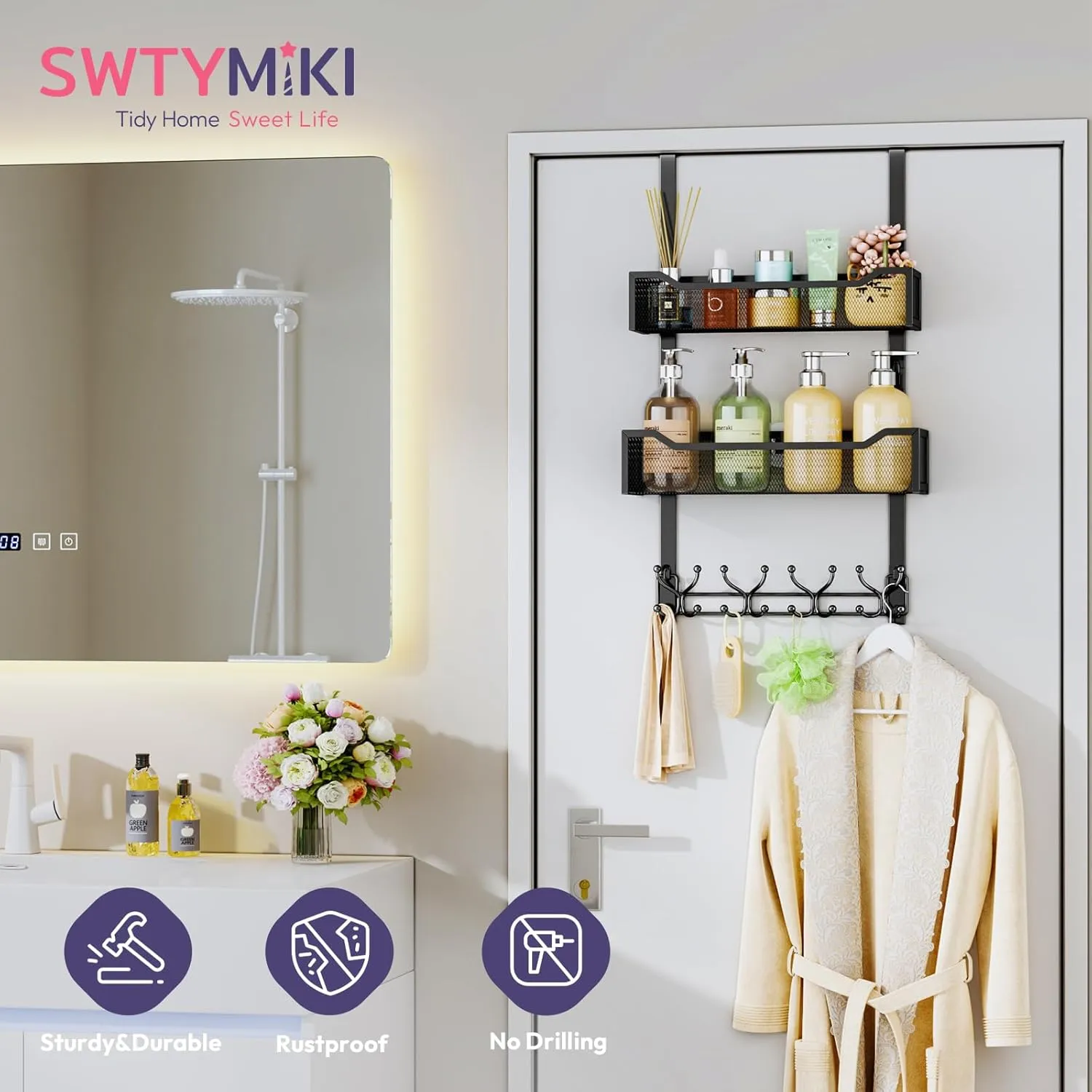 SWTYMIKI Over The Door Hooks Organizer - Multi-Functional Door Hanger with 16 Hooks & 2 Mesh Baskets, Long Coat Rack for Bathroom, Bedroom, Living Room, Home Storage Organizer, Black