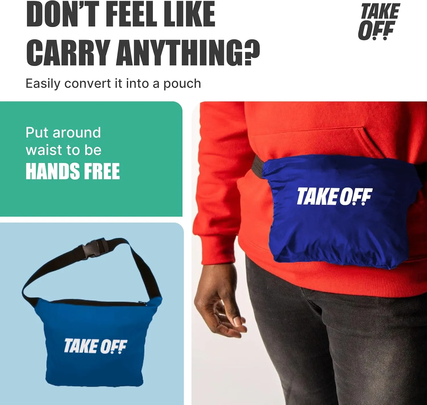 TAKE OFF Luggage - 3 in 1 Duffle Bag, Large Pocket Jacket or Pouch, Lightweight Oversized Windbreaker, Convertible Waterproof Garment, Personal Item & Carry On Accessories for Travel Essentials, Blue