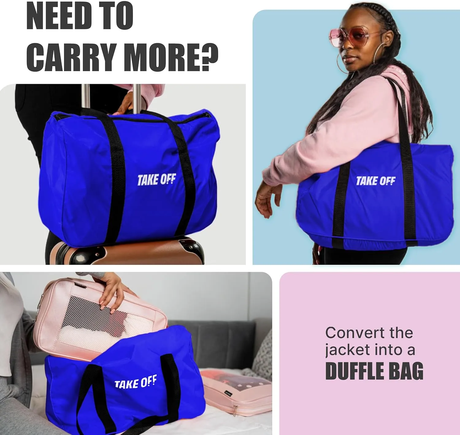 TAKE OFF Luggage - 3 in 1 Duffle Bag, Large Pocket Jacket or Pouch, Lightweight Oversized Windbreaker, Convertible Waterproof Garment, Personal Item & Carry On Accessories for Travel Essentials, Blue