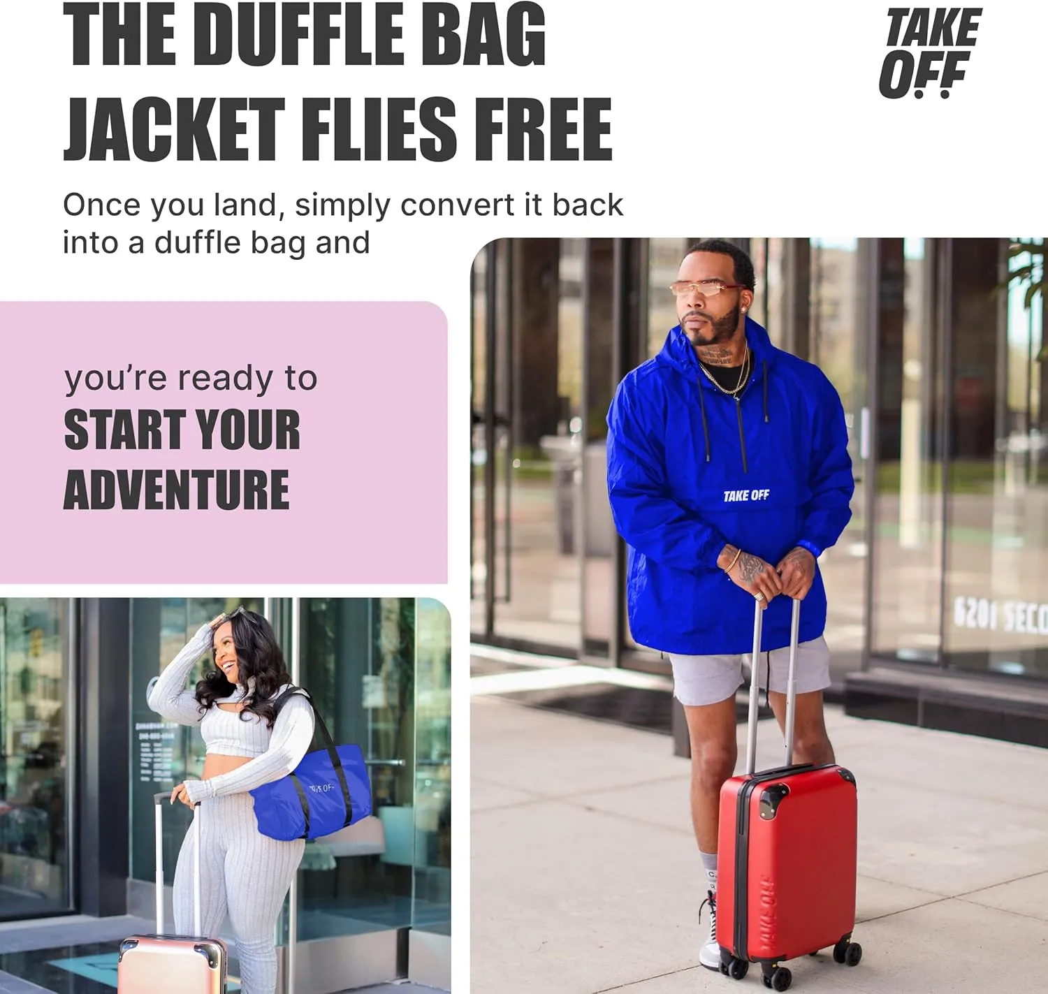 TAKE OFF Luggage - 3 in 1 Duffle Bag, Large Pocket Jacket or Pouch, Lightweight Oversized Windbreaker, Convertible Waterproof Garment, Personal Item & Carry On Accessories for Travel Essentials, Blue