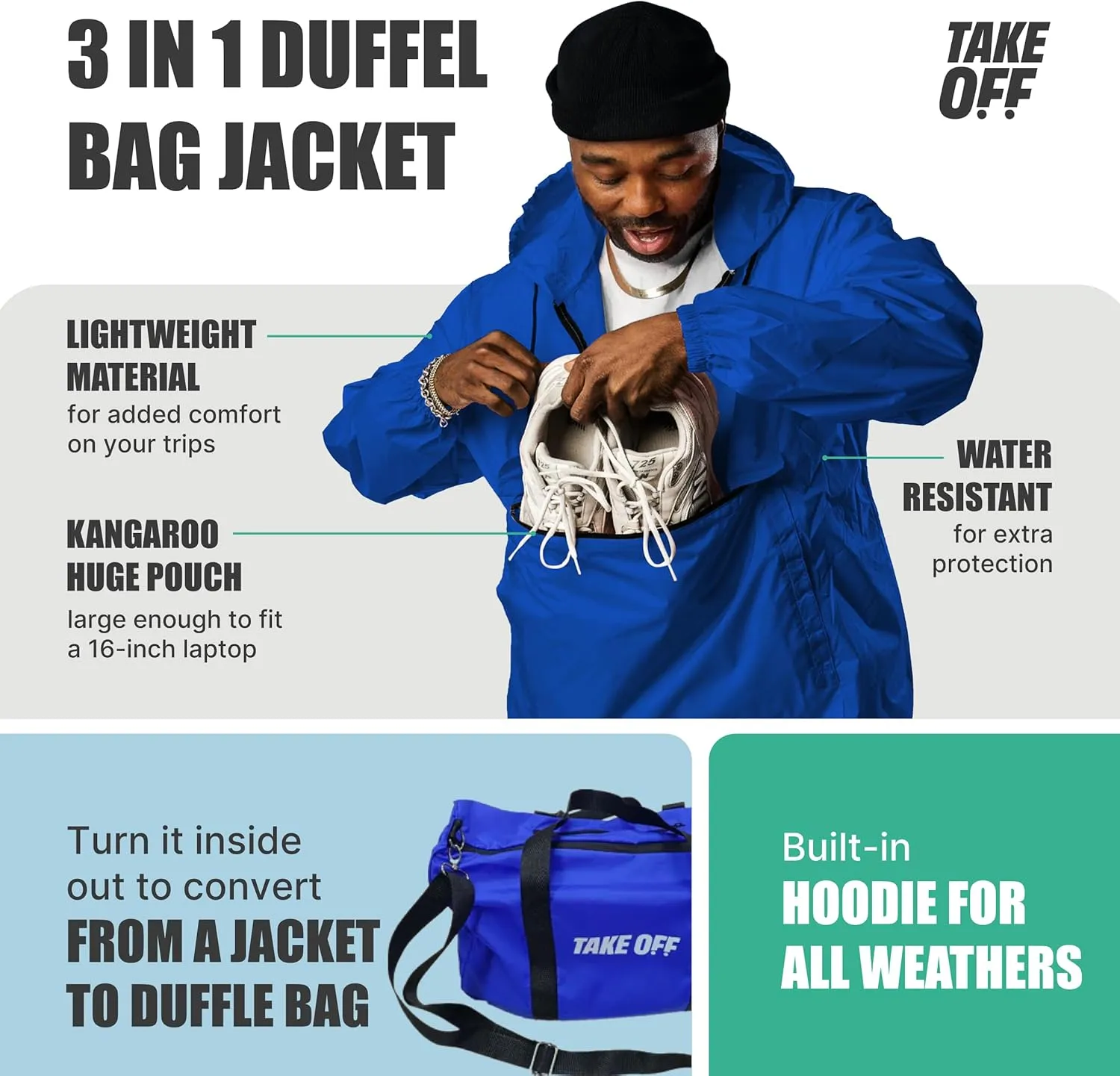 TAKE OFF Luggage - 3 in 1 Duffle Bag, Large Pocket Jacket or Pouch, Lightweight Oversized Windbreaker, Convertible Waterproof Garment, Personal Item & Carry On Accessories for Travel Essentials, Blue