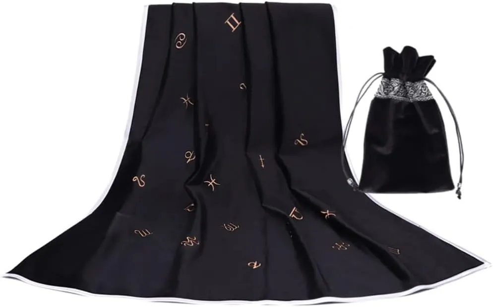Tarot Tablecloth Embroidered Horoscope Square Divination With Bag Tarot Cloth Tarot Tablecloth And Bag Set (Black)