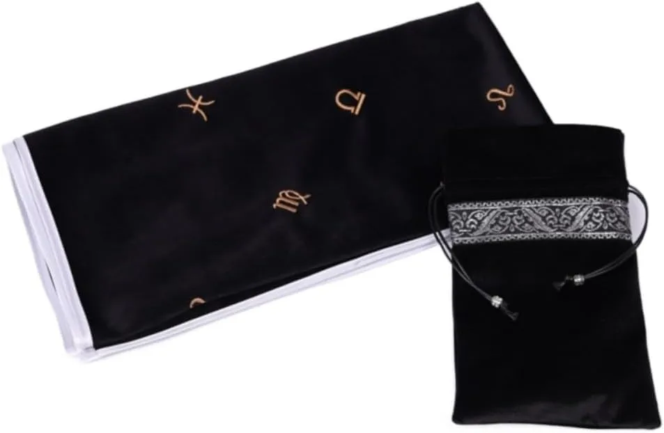 Tarot Tablecloth Embroidered Horoscope Square Divination With Bag Tarot Cloth Tarot Tablecloth And Bag Set (Black)