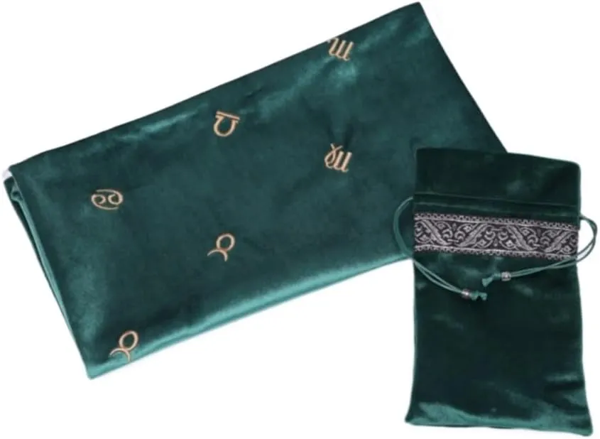 Tarot Tablecloth Embroidered Horoscope Square Divination with Bag Tarot Cloth Tarot Tablecloth and Bag Set (Green)