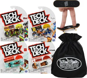 Tech Deck 96mm Individual Fingerboards Bundle with Matty's Toy Stop Storage Bag - Pack of 4 (Assorted Styles)