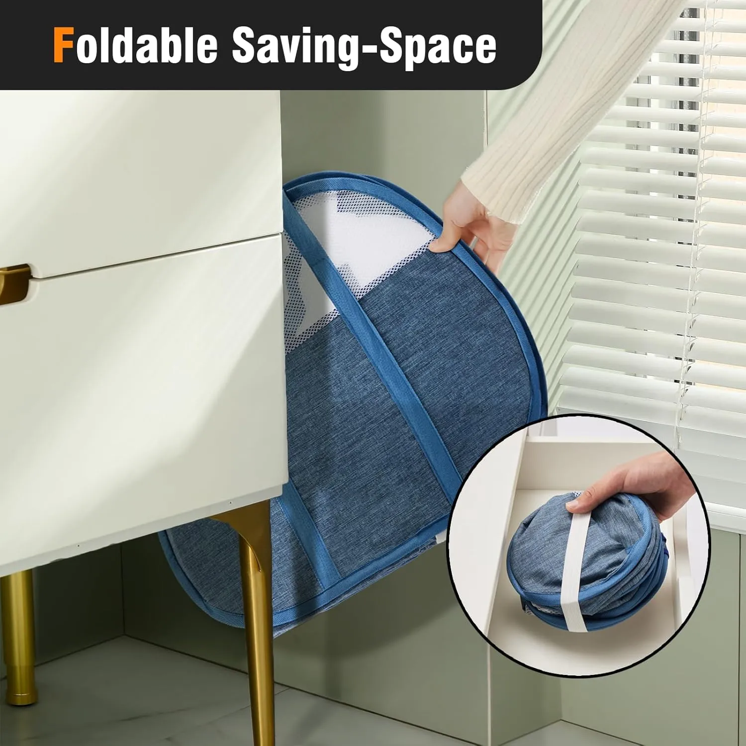 TECHMILLY Pop Up Foldable Laundry Basket, 90L Large Capacity Square & Tear Proof Laundry Hamper with Reinforced Handles for Dirty Clothes Storage in Dorm, Laundry Room, Bathroom, Blue(Fabric), 2 Pack