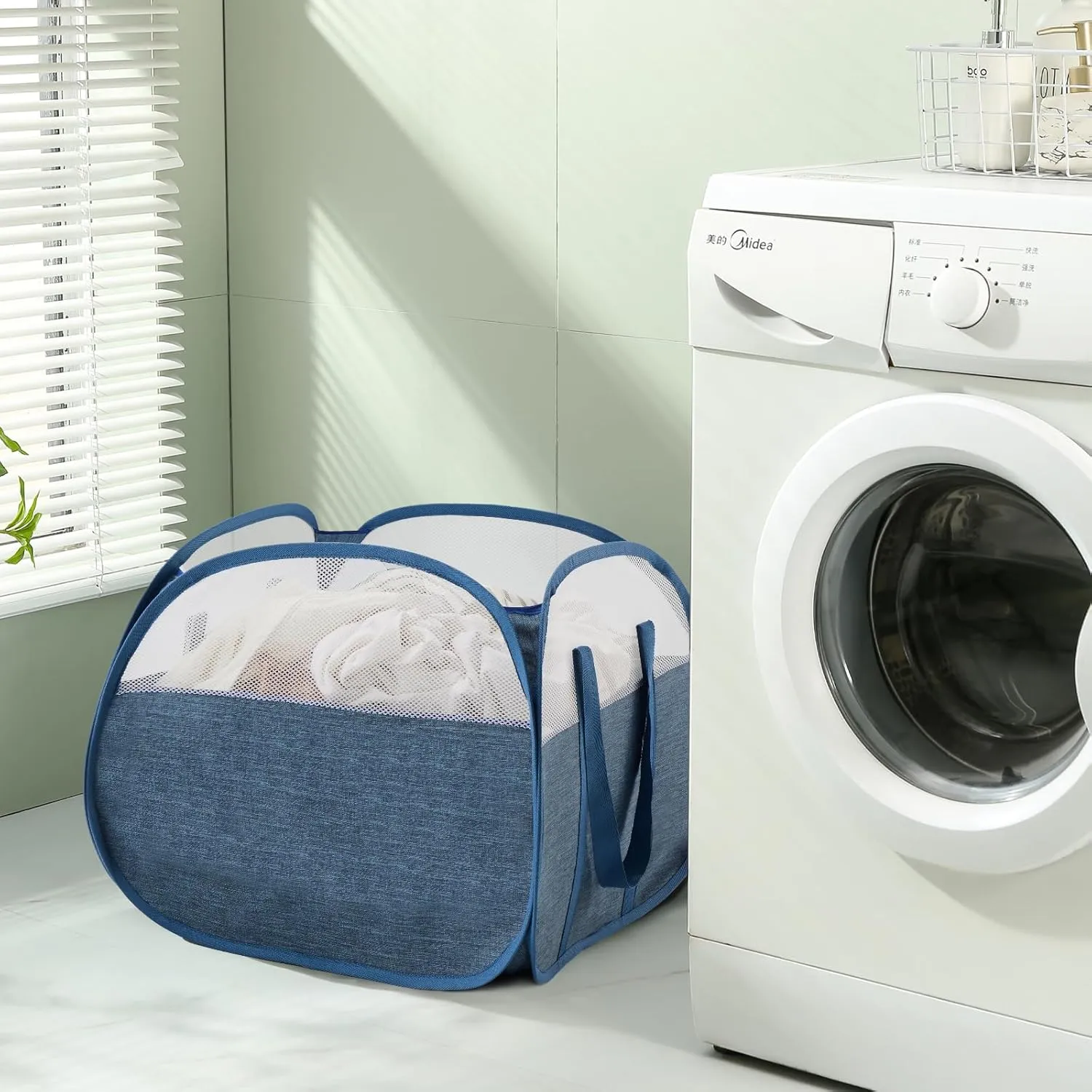 TECHMILLY Pop Up Foldable Laundry Basket, 90L Large Capacity Square & Tear Proof Laundry Hamper with Reinforced Handles for Dirty Clothes Storage in Dorm, Laundry Room, Bathroom, Blue(Fabric), 2 Pack