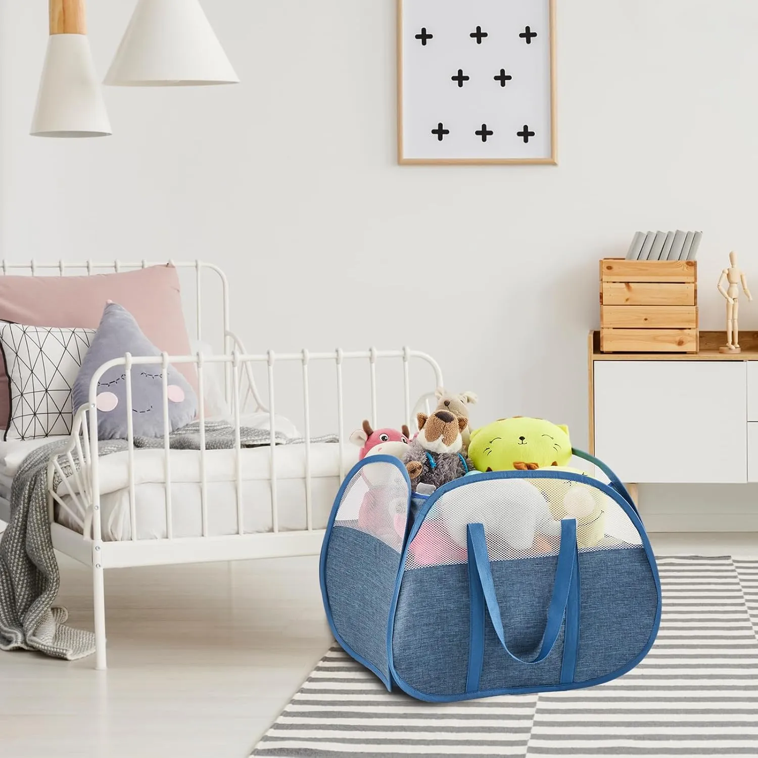 TECHMILLY Pop Up Foldable Laundry Basket, 90L Large Capacity Square & Tear Proof Laundry Hamper with Reinforced Handles for Dirty Clothes Storage in Dorm, Laundry Room, Bathroom, Blue(Fabric), 2 Pack