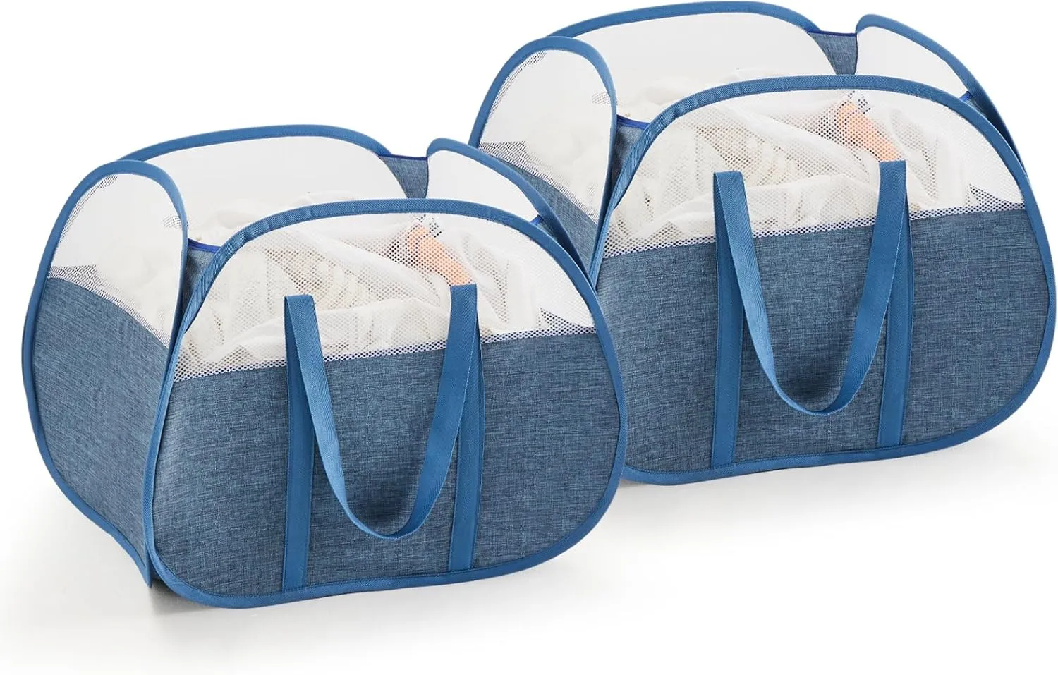 TECHMILLY Pop Up Foldable Laundry Basket, 90L Large Capacity Square & Tear Proof Laundry Hamper with Reinforced Handles for Dirty Clothes Storage in Dorm, Laundry Room, Bathroom, Blue(Fabric), 2 Pack