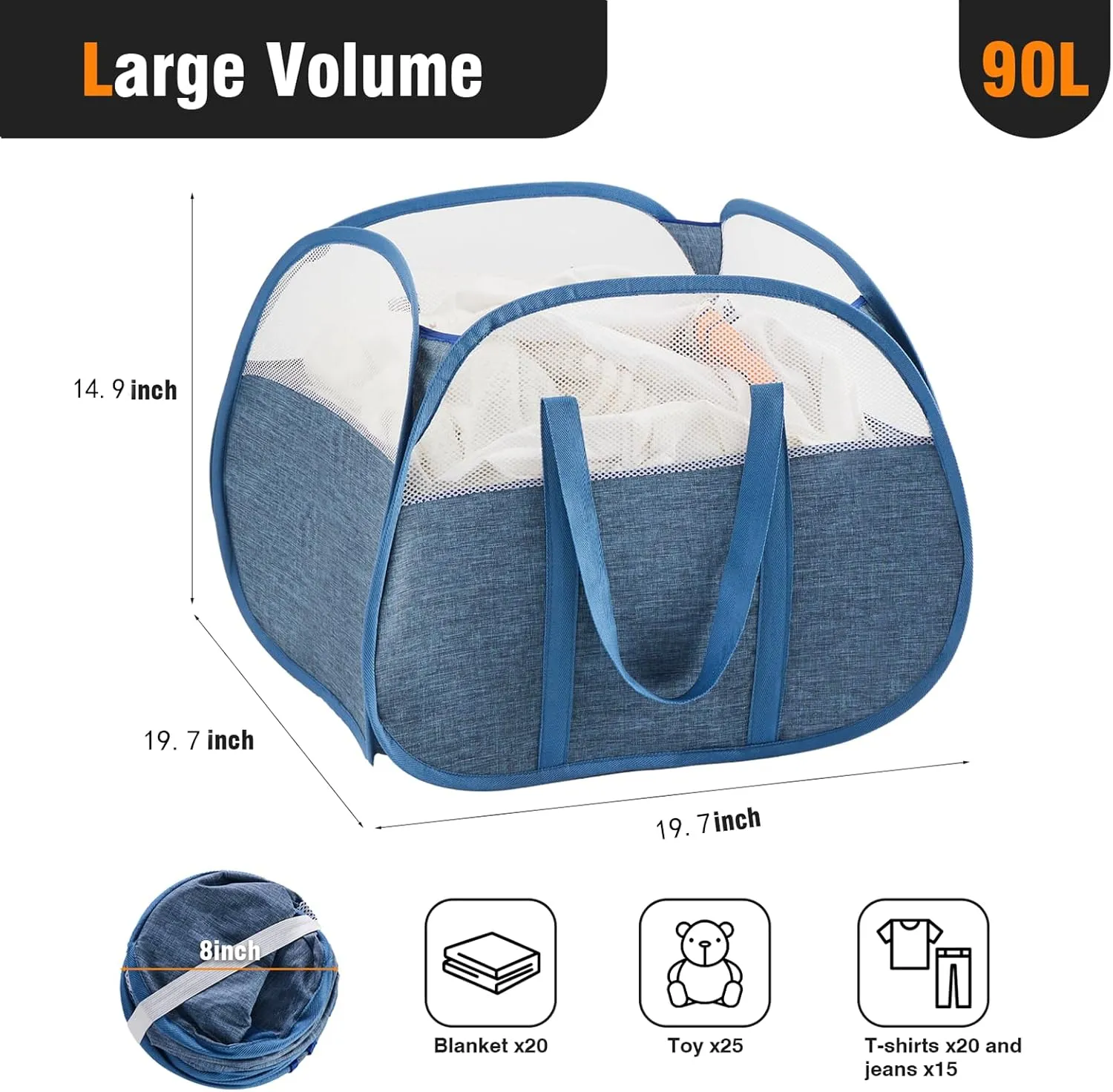TECHMILLY Pop Up Foldable Laundry Basket, 90L Large Capacity Square & Tear Proof Laundry Hamper with Reinforced Handles for Dirty Clothes Storage in Dorm, Laundry Room, Bathroom, Blue(Fabric), 2 Pack