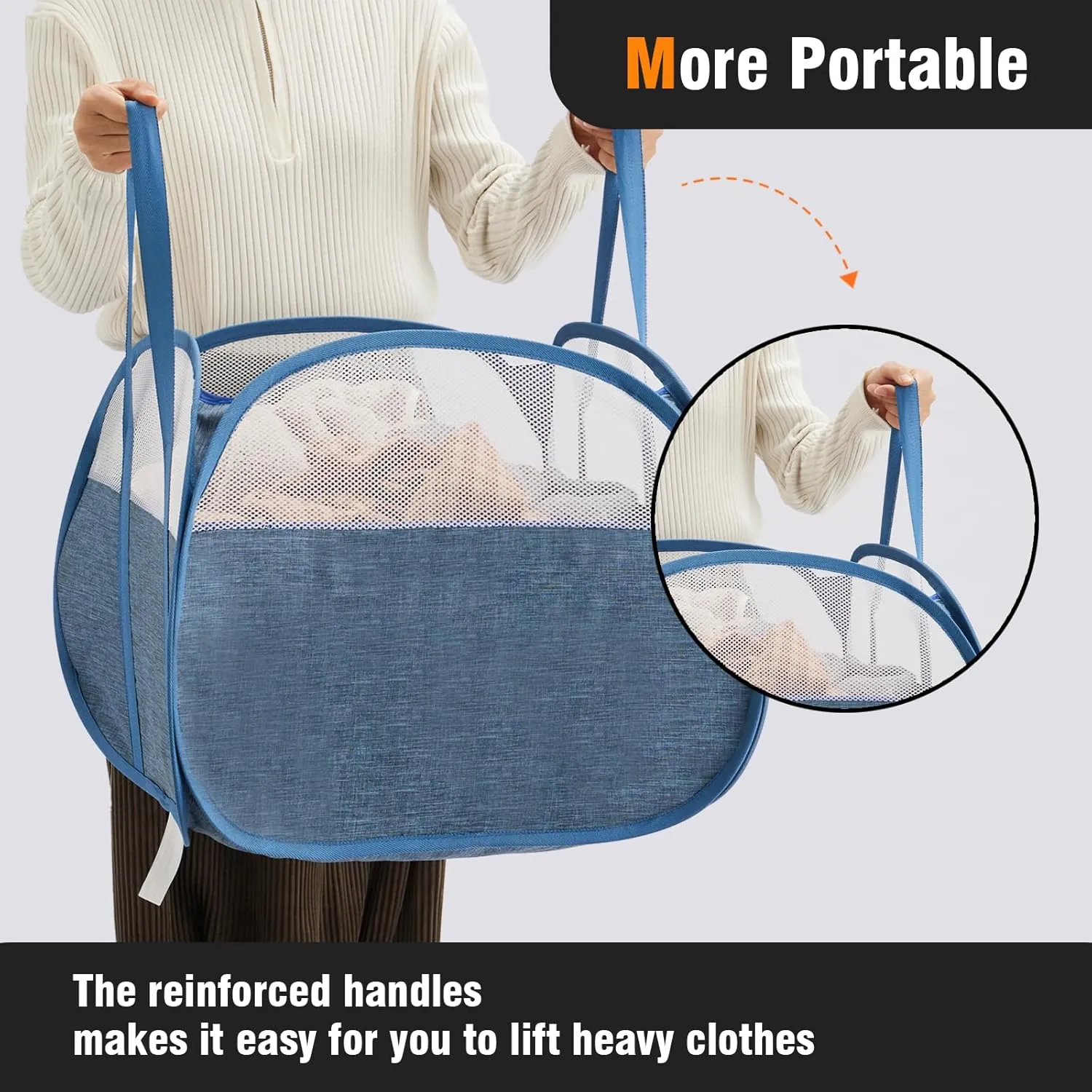 TECHMILLY Pop Up Foldable Laundry Basket, 90L Large Capacity Square & Tear Proof Laundry Hamper with Reinforced Handles for Dirty Clothes Storage in Dorm, Laundry Room, Bathroom, Blue(Fabric), 2 Pack