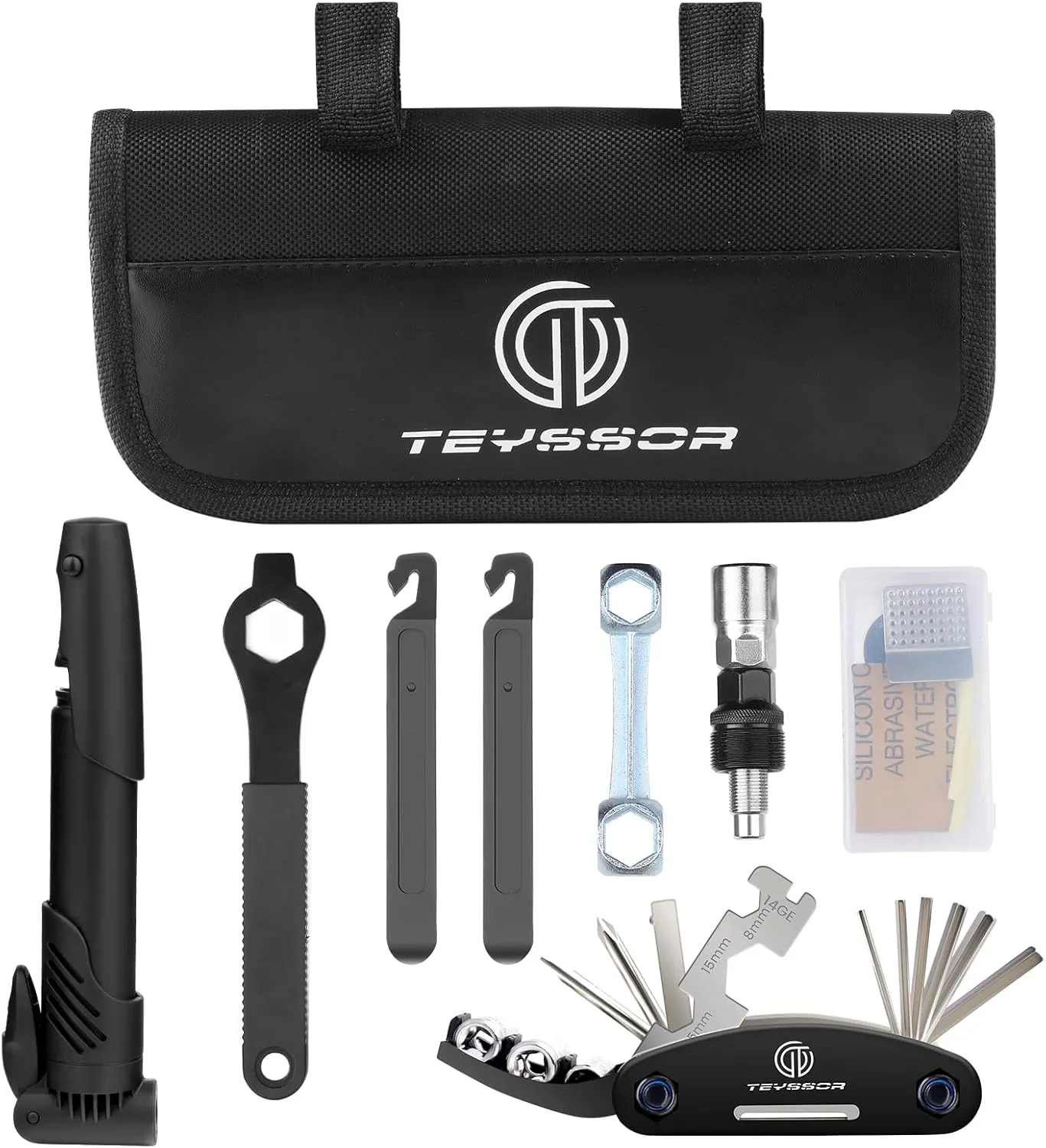Teyssor Bicycle Repair Bag with Tire Pump, Bike Repair Tool Kit, All in One Bike Repair Tool Portable Tire Patch Kit, Cycling Repair Set
