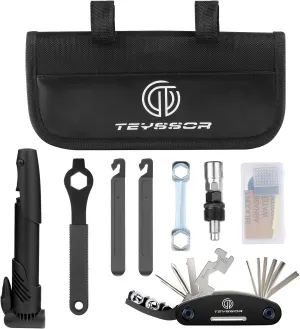 Teyssor Bicycle Repair Bag with Tire Pump, Bike Repair Tool Kit, All in One Bike Repair Tool Portable Tire Patch Kit, Cycling Repair Set