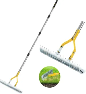 Thatch Rake, 15-Inch Steel Lawn Dethatcher Rake with Handle, Heavy Duty Grass Cleaning Rake for Dead Grass and Soil Loosening, Versatile Yard and Garden Grooming Tool (Black-E)