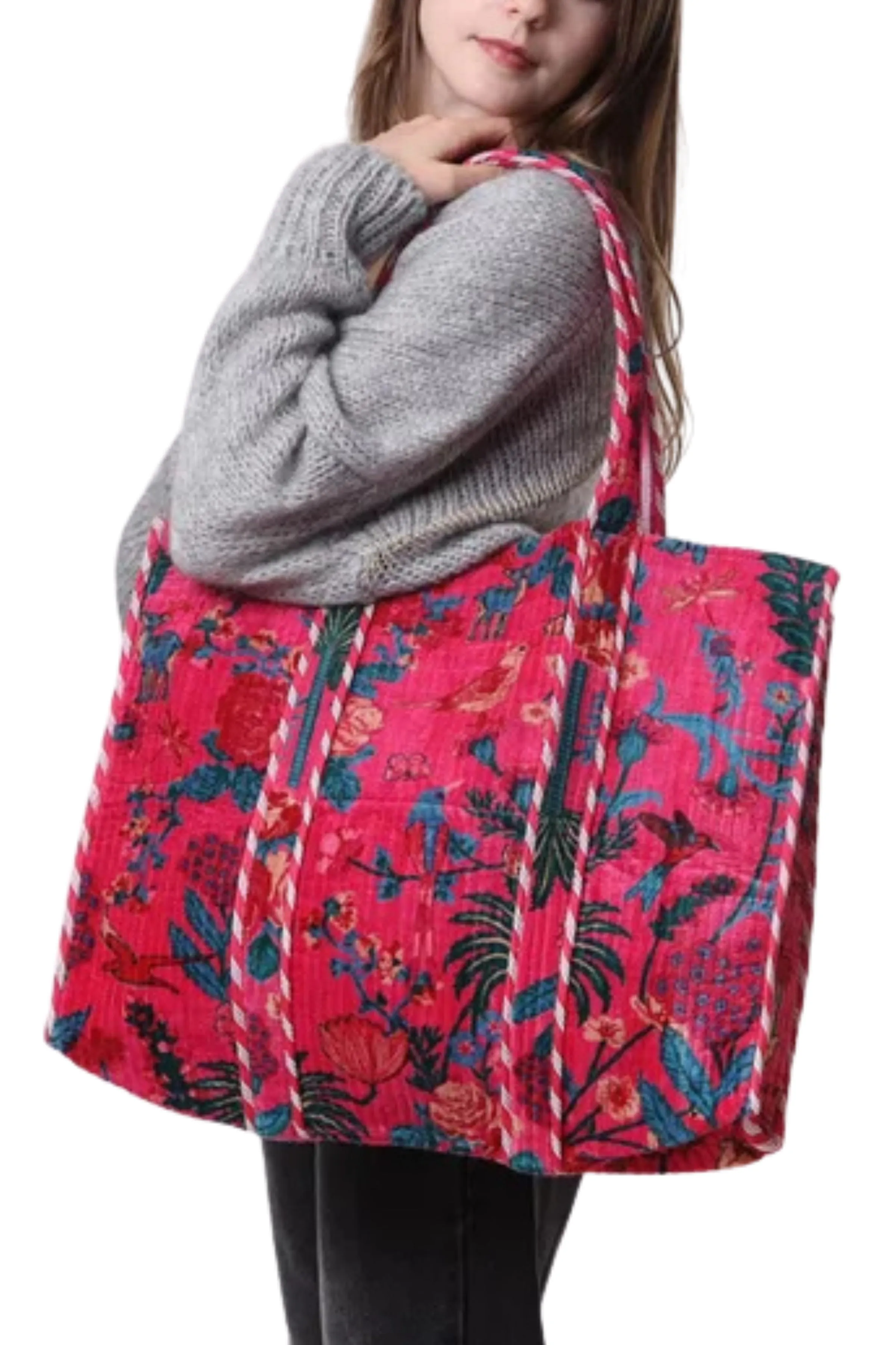 The Botanica Reversible Velvet Tote Bag | Fuchsia