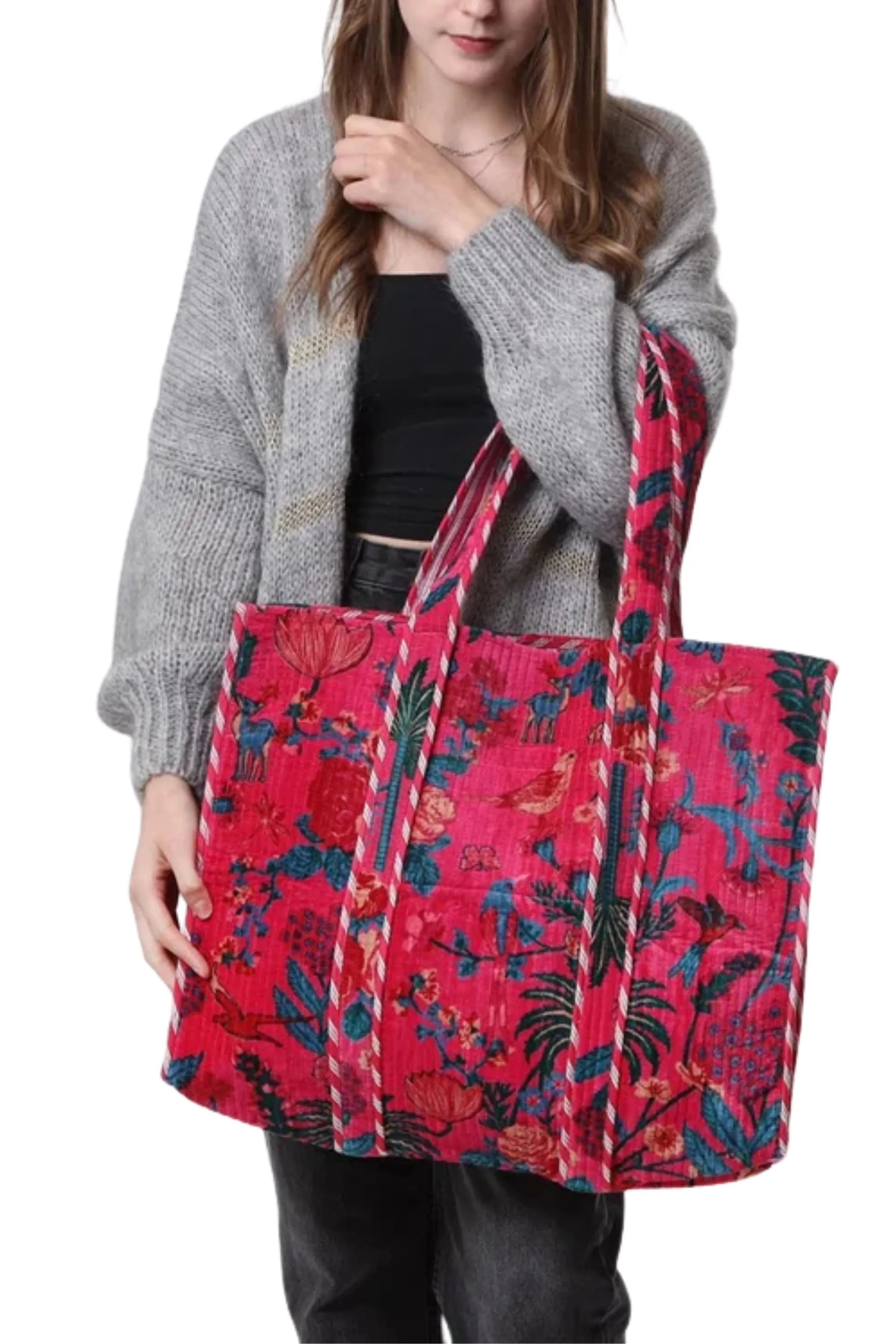 The Botanica Reversible Velvet Tote Bag | Fuchsia