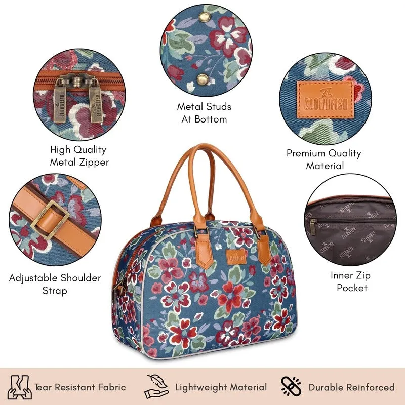 The Clownfish Ziana Series 24 litres Tapestry & Faux Leather Unisex Travel Duffle Bag Luggage Weekender Bag (Light Blue-Floral)