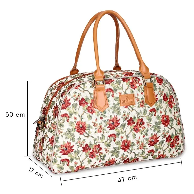 The Clownfish Ziana Series 24 litres Tapestry & Faux Leather Unisex Travel Duffle Bag Luggage Weekender Bag (Off White-Floral)