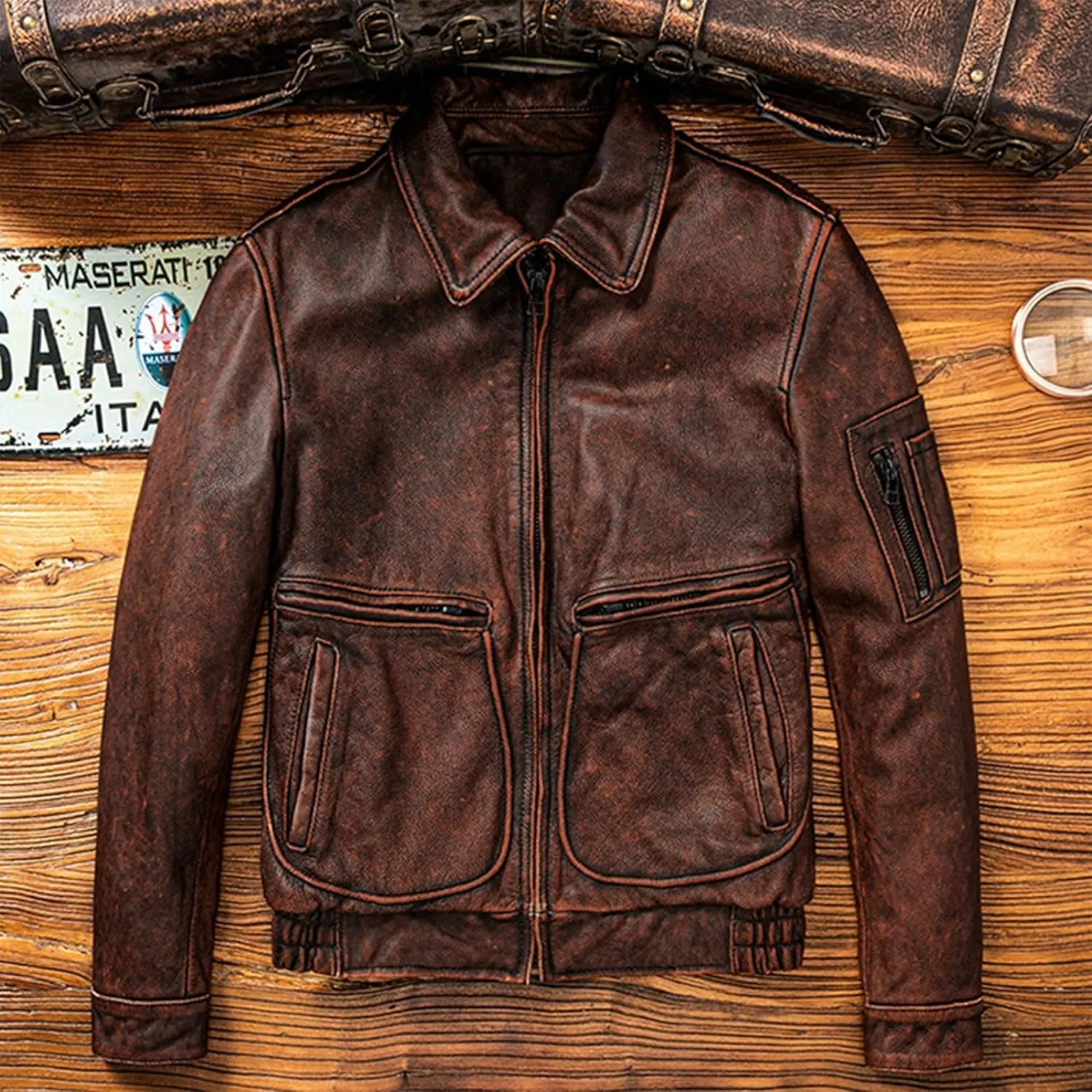 The Next Vintage Red Brown Pilot Leather Jacket Military Natural Cowhide Aviation Genuine Leather Coat For Men