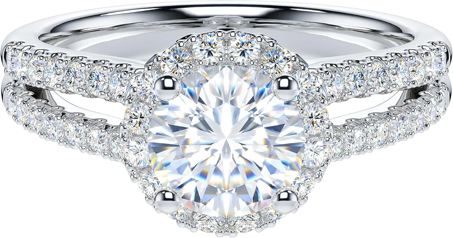 THELANDA 1CT Round Brilliant Cut Sterling Silver Split Shank Halo Promise Ring Engagement Ring For Her