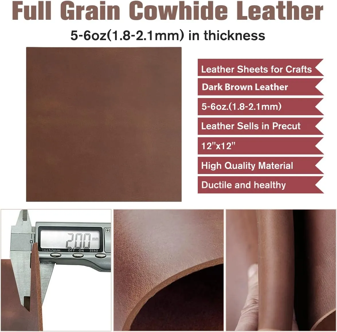 Thick Leather Sheets for Crafts Tooling Leather Square 1.8-2.1mm Full Grain Leather Pieces Genuine Cowhide Leather for Crafts Sewing Hobby Workshop Dark Brown, 12"x12"