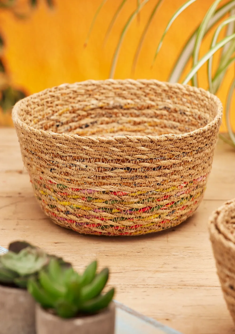 Three Rustic Handwoven Paphri Baskets with Recycled Sari Accents