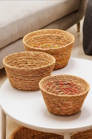 Three Rustic Handwoven Paphri Baskets with Recycled Sari Accents