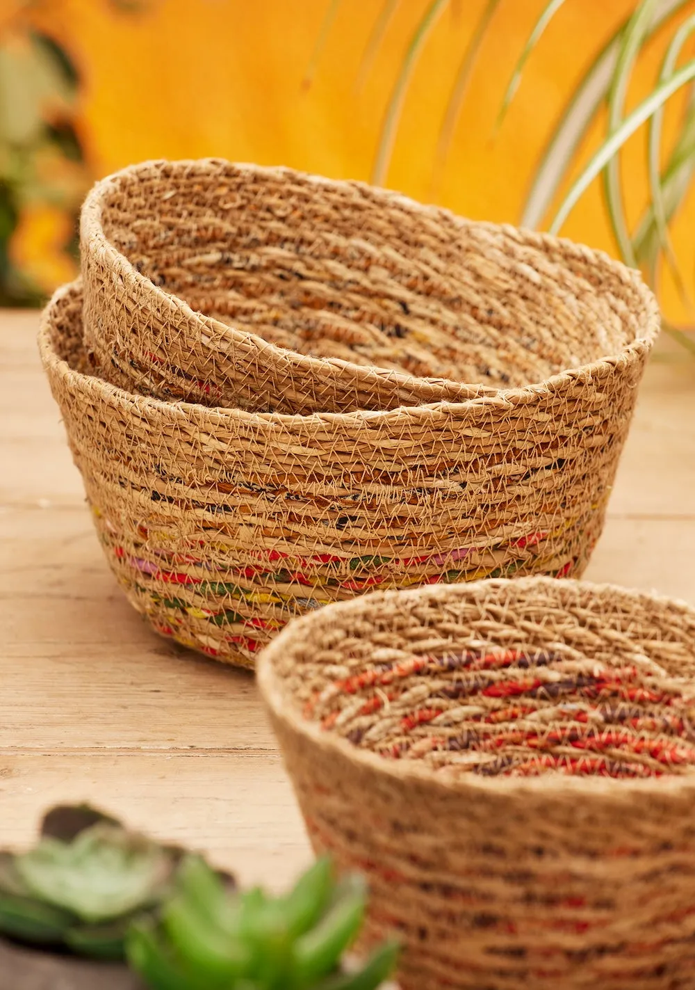 Three Rustic Handwoven Paphri Baskets with Recycled Sari Accents