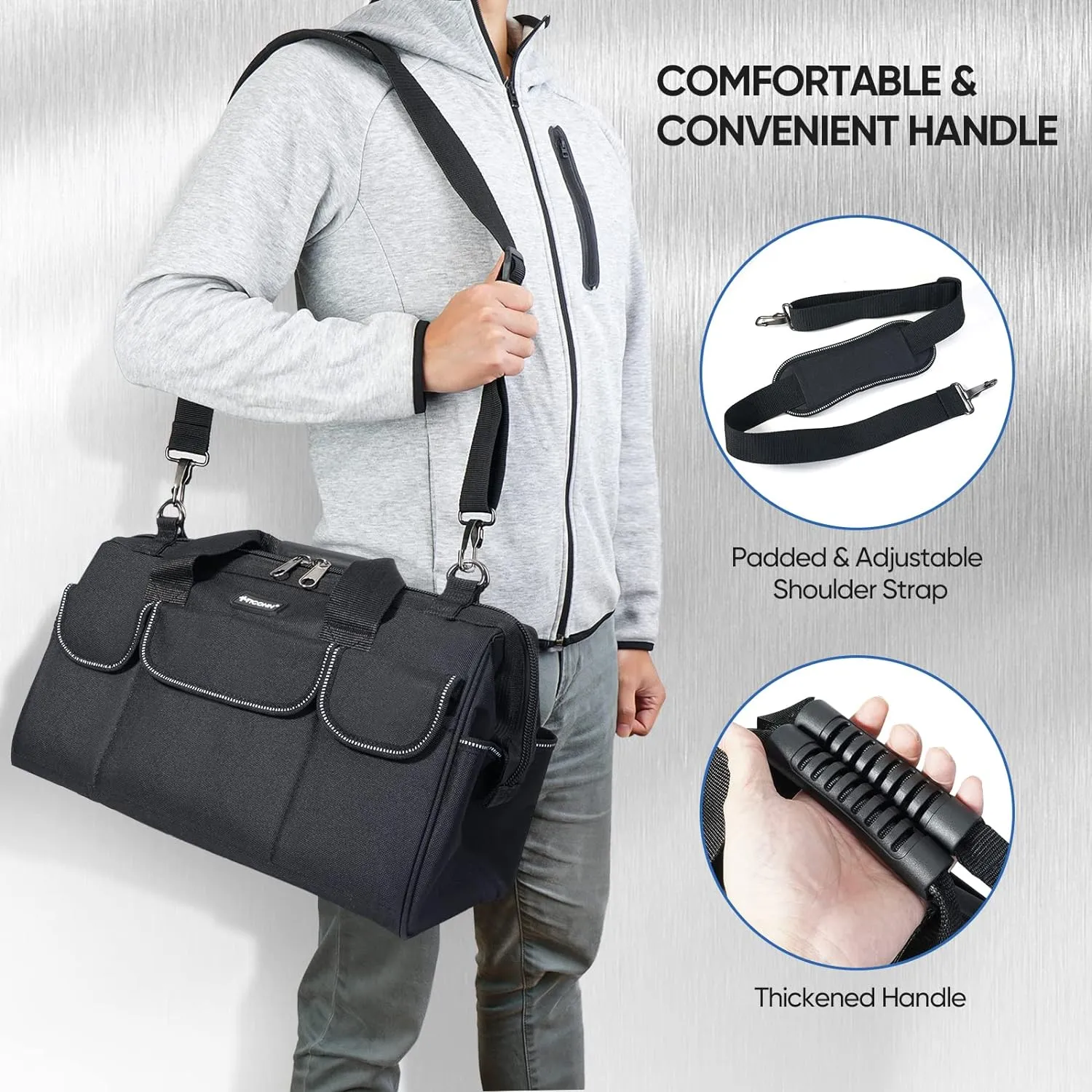 TICONN Heavy Duty Tool Bag with Multi-Pockets, Portable Tool Box Organizer Storage Bag, with Adjustable Shoulder Strap and Ergonomic Handle (Black, 16" Molded Base)