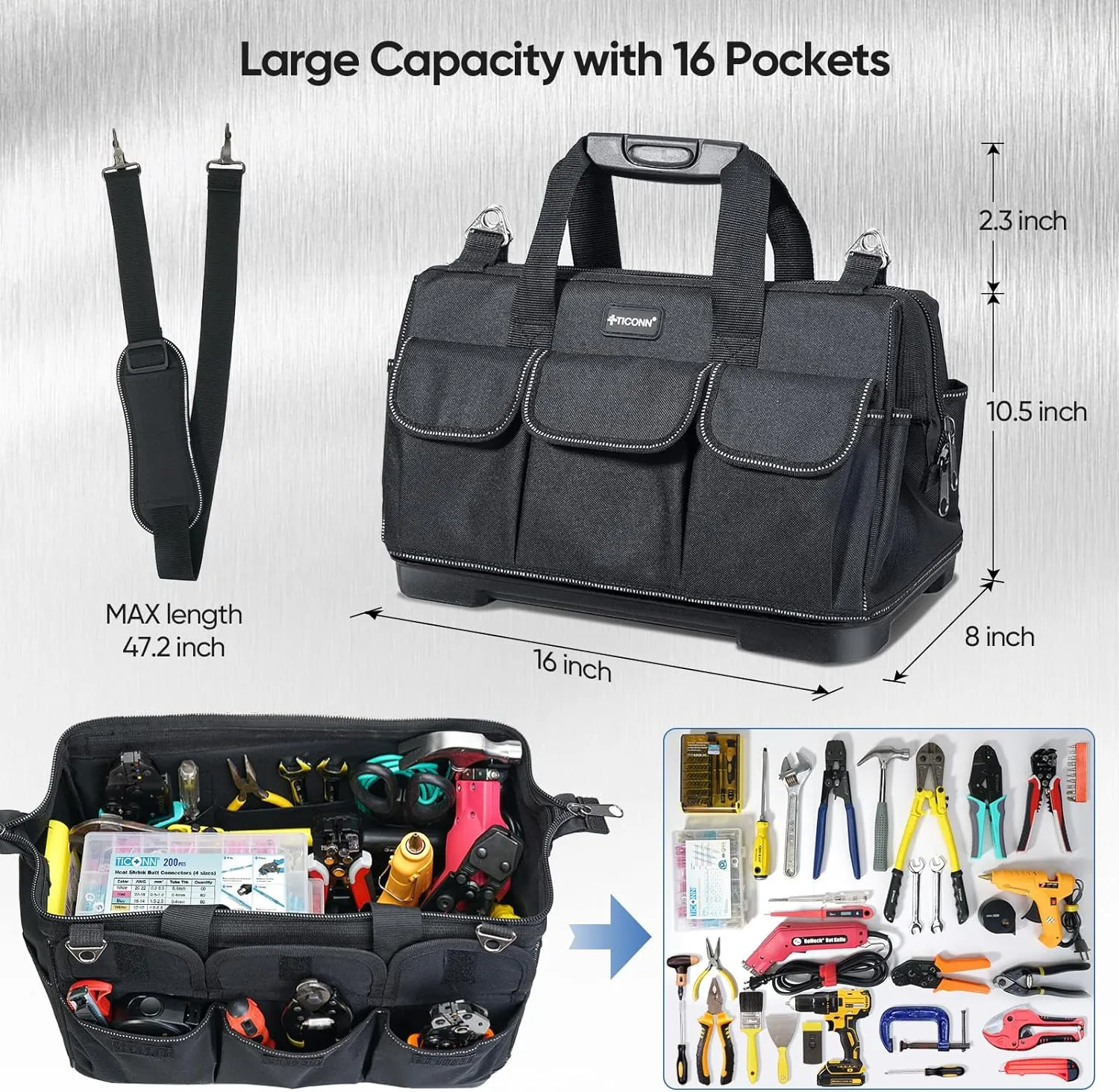 TICONN Heavy Duty Tool Bag with Multi-Pockets, Portable Tool Box Organizer Storage Bag, with Adjustable Shoulder Strap and Ergonomic Handle (Black, 16" Molded Base)