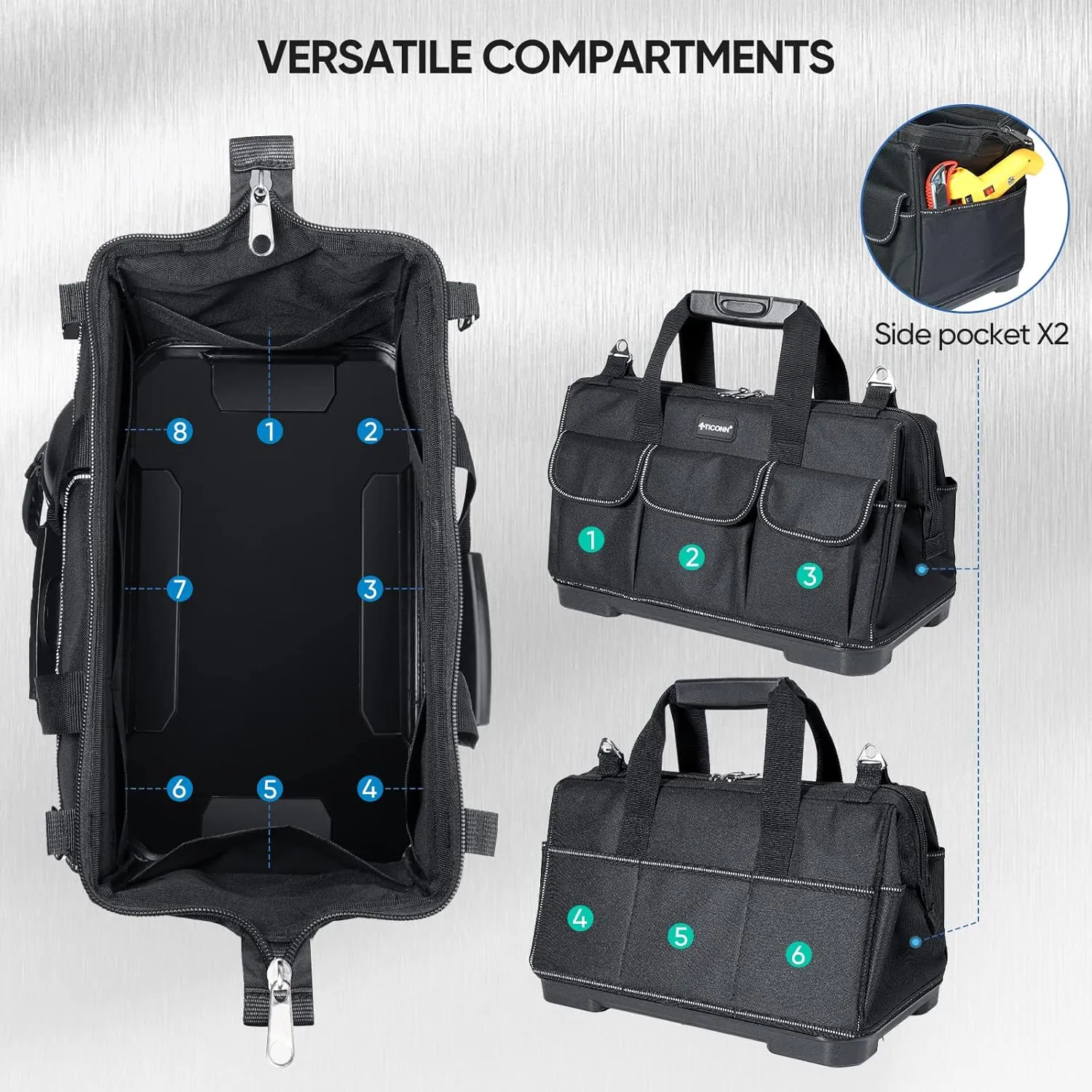 TICONN Heavy Duty Tool Bag with Multi-Pockets, Portable Tool Box Organizer Storage Bag, with Adjustable Shoulder Strap and Ergonomic Handle (Black, 16" Molded Base)