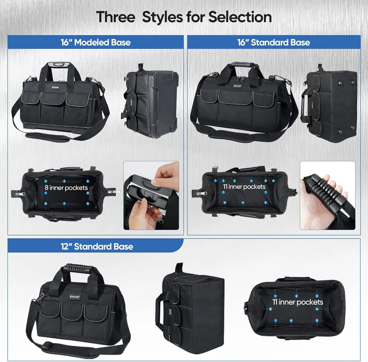 TICONN Heavy Duty Tool Bag with Multi-Pockets, Portable Tool Box Organizer Storage Bag, with Adjustable Shoulder Strap and Ergonomic Handle (Black, 16" Molded Base)