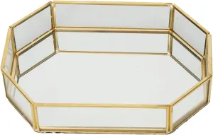 Tissting Mini Gold Octagonal Decorative Mirror Tray Makeup Organizer Jewelry Organizer Serving Tray Jewelry Necklace Dessert Basket with Flannel for Cosmetic Storage,Desktop Decoration(7.9x5.5x1.6in)