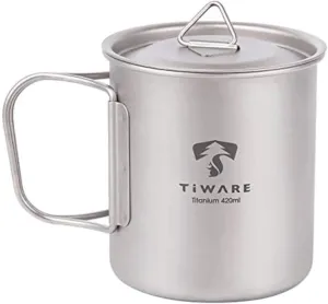 Titanium Dual Purpose Camping Mug Cup or Pot with Lid Ultra-Light Weight Tableware Durable w. Foldable Handles for Space Saver & Portable Carrying Bag Reusable 420ML/14 FL OZ Eco-Friendly long lasting
