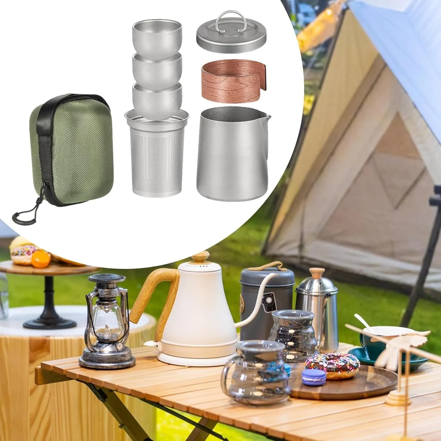 Titanium Tea Set with 3 Teacups Portable Mugs Lightweight with Mesh Cup Travel Teapot for Outdoor Sports Hiking, with Handle Cover