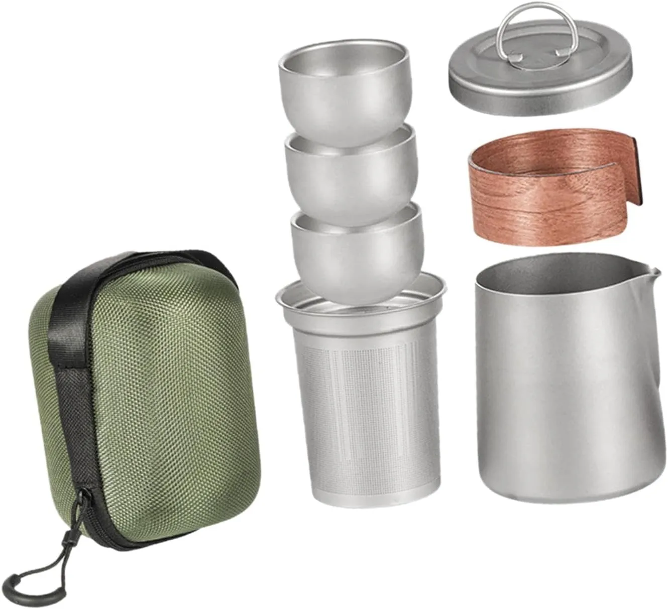 Titanium Tea Set with 3 Teacups Portable Mugs Lightweight with Mesh Cup Travel Teapot for Outdoor Sports Hiking, with Handle Cover