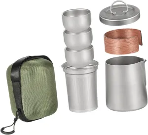 Titanium Tea Set with 3 Teacups Portable Mugs Lightweight with Mesh Cup Travel Teapot for Outdoor Sports Hiking, with Handle Cover