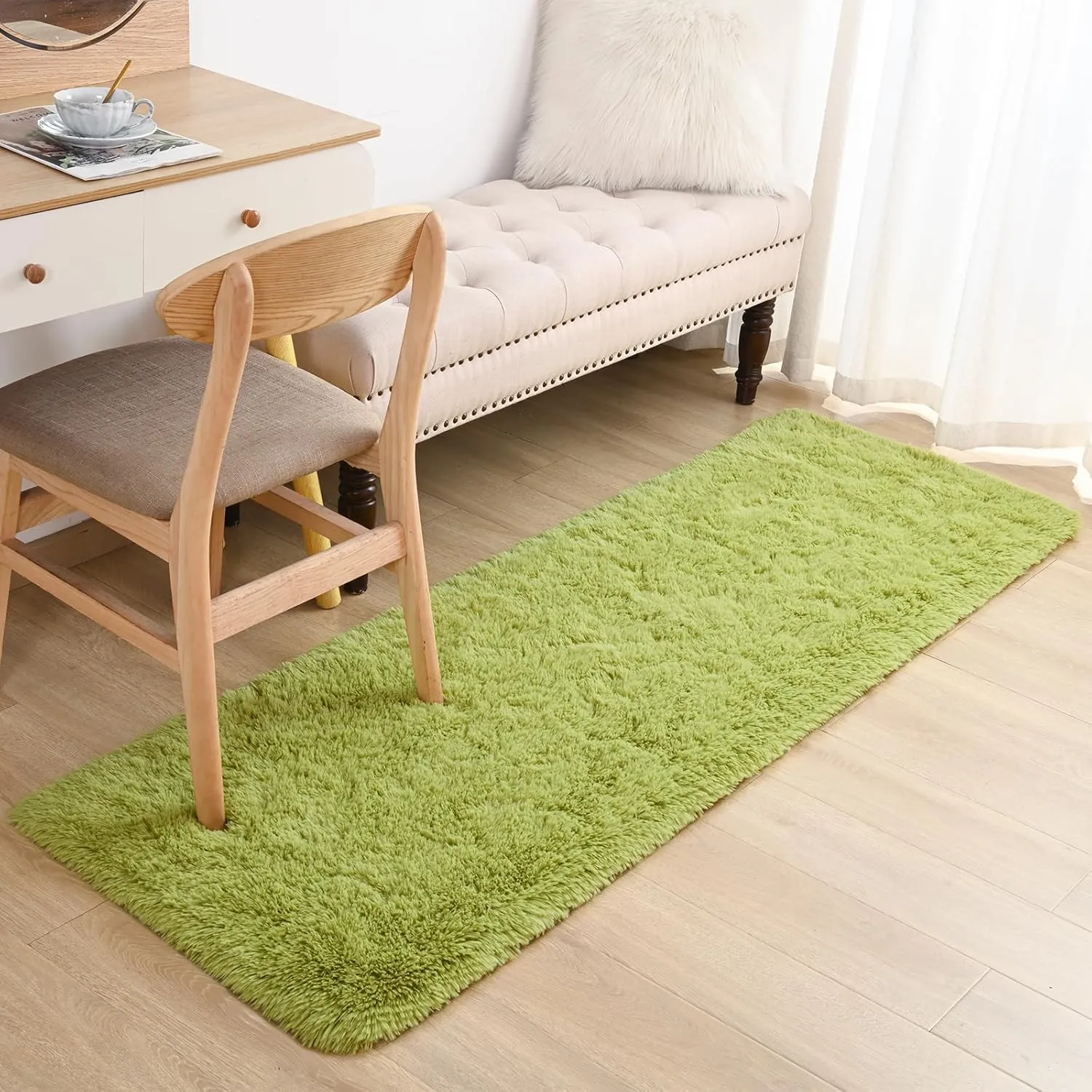 Toneed Fluffy Runner Rug for Bedroom Living Room, 2 x 6 Feet Green Shaggy Rug Super Soft Modern Indoor Area Rug Fuzzy Plush Carpet for Dorm Nursery Kids Room Home Decorative