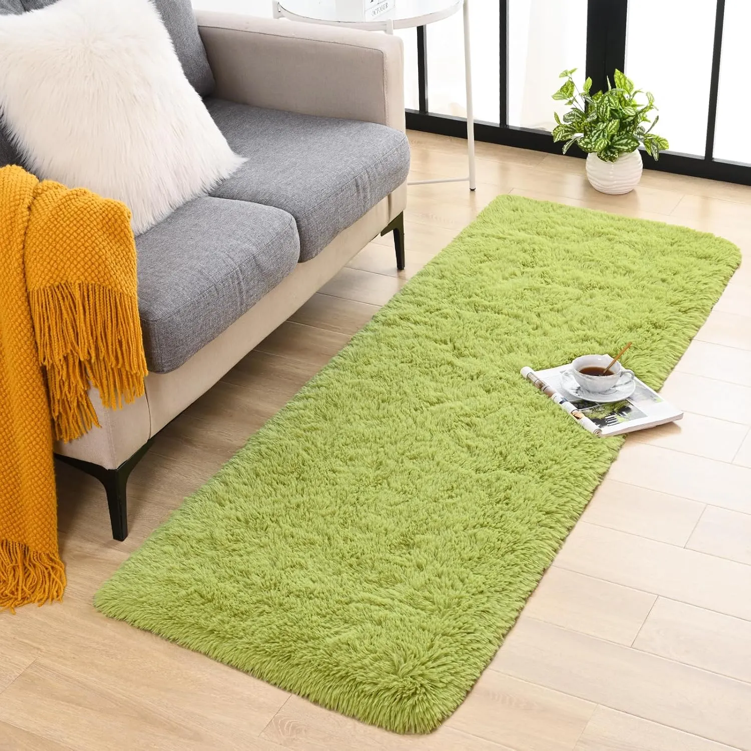 Toneed Fluffy Runner Rug for Bedroom Living Room, 2 x 6 Feet Green Shaggy Rug Super Soft Modern Indoor Area Rug Fuzzy Plush Carpet for Dorm Nursery Kids Room Home Decorative