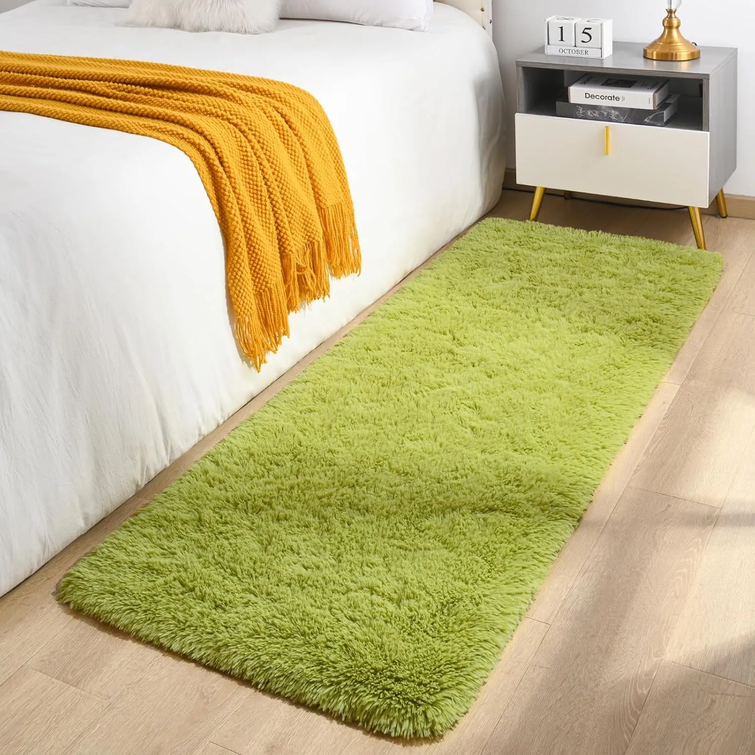 Toneed Fluffy Runner Rug for Bedroom Living Room, 2 x 6 Feet Green Shaggy Rug Super Soft Modern Indoor Area Rug Fuzzy Plush Carpet for Dorm Nursery Kids Room Home Decorative