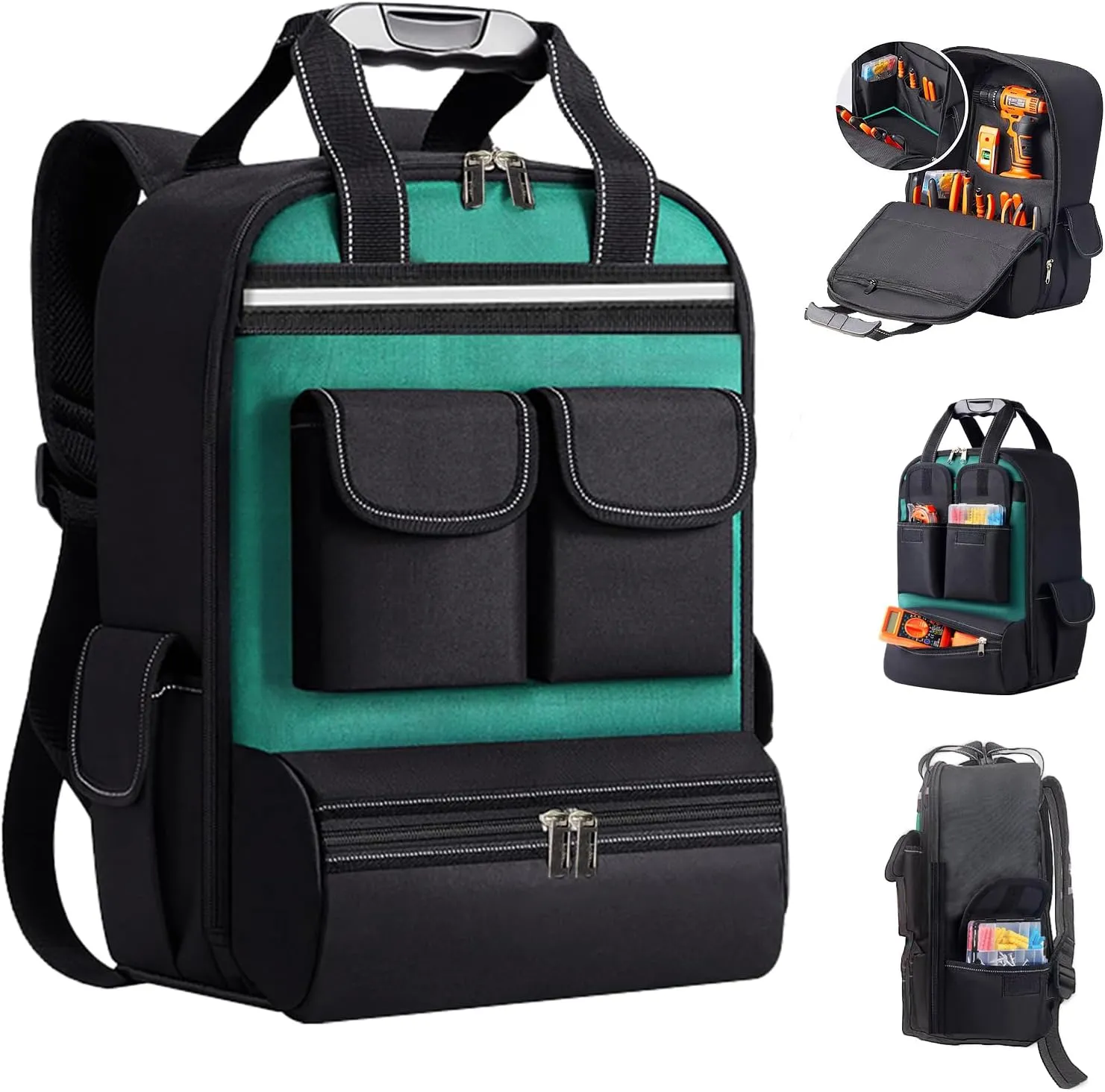 Tool Backpack for Men 18 Inch Heavy Duty Waterproof Multiple Pockets Bag Organizer with Shoulder for Electrician Mechanics HVAC Engineer Green