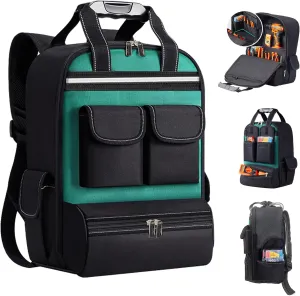 Tool Backpack for Men 18 Inch Heavy Duty Waterproof Multiple Pockets Bag Organizer with Shoulder for Electrician Mechanics HVAC Engineer Green