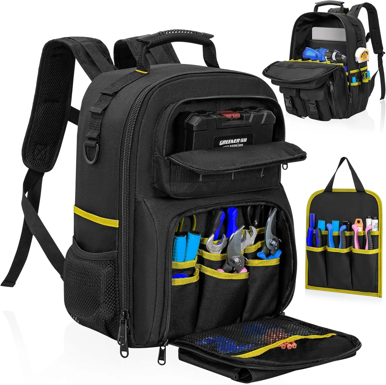 Tool Backpack, Heavy Duty Tool Bag with Padded Shoulder and Removable Tool Organizer, Water-Resistant Work Backpack, for Electrician, Plumber, HVAC, Cable Repairman, Black & Yellow