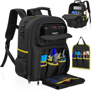 Tool Backpack, Heavy Duty Tool Bag with Padded Shoulder and Removable Tool Organizer, Water-Resistant Work Backpack, for Electrician, Plumber, HVAC, Cable Repairman, Black & Yellow