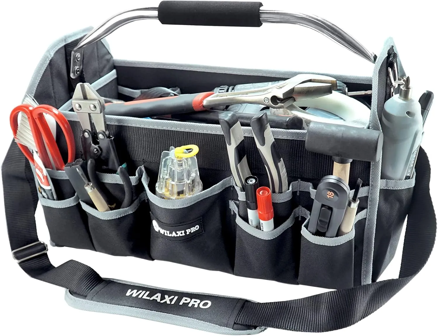 Tool Bags For Men - Heavy Duty Foldable Tool Tote With Open Top, 16in Wide Mouth Electrician Tool Carrier, 30 PCS Pockets Organizer