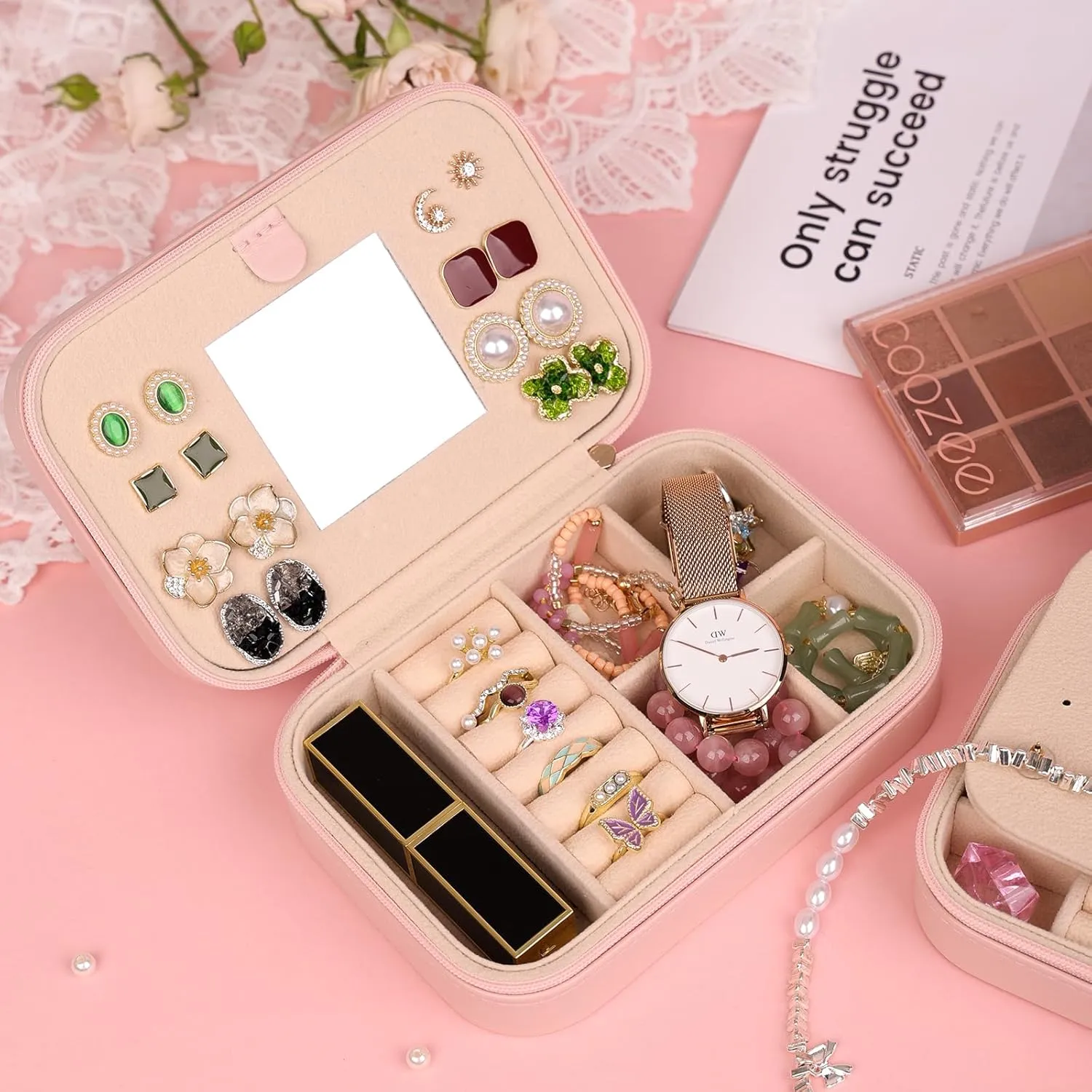 TopPerfekt Travel Jewelry Case, Jewelry Box with Mirror, Jewelry Organizer Bridal Shower Gifts to Her, Earring Storage Travel Case, Trendy Gift for Women and Girls, Girlfriend-Letter S, Pink