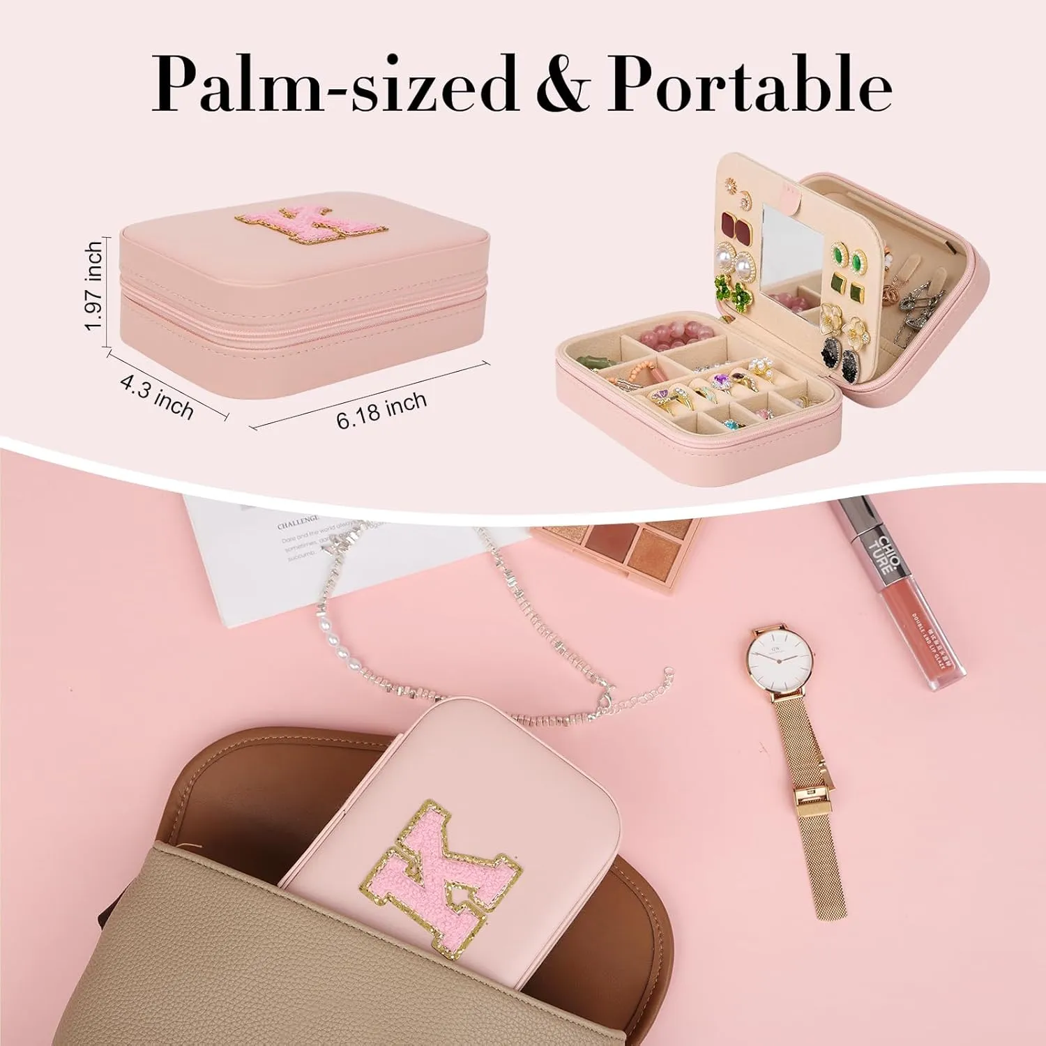 TopPerfekt Travel Jewelry Case, Jewelry Box with Mirror, Jewelry Organizer Bridal Shower Gifts to Her, Earring Storage Travel Case, Trendy Gift for Women and Girls, Girlfriend-Letter S, Pink